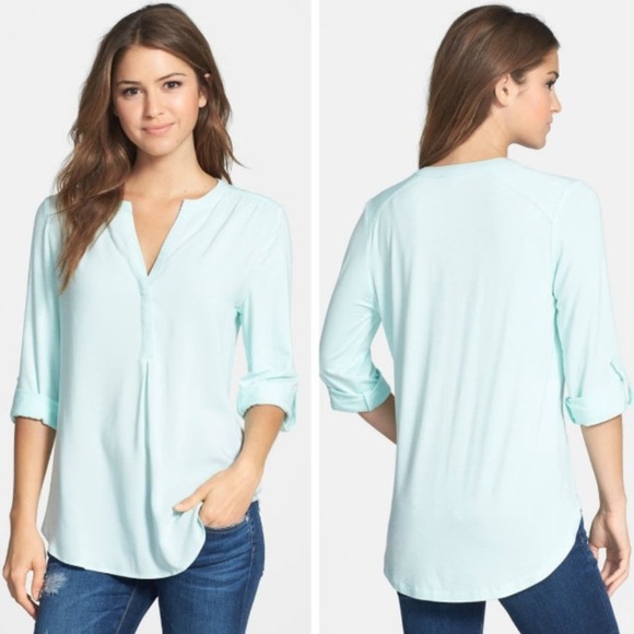 Pleione Mixed Media Tunic Split Neck Roll Sleeve - Aqua - Picture 1 of 6